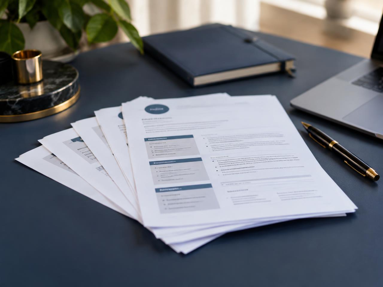 Professionally formatted career documents on a navy desk beside a pen