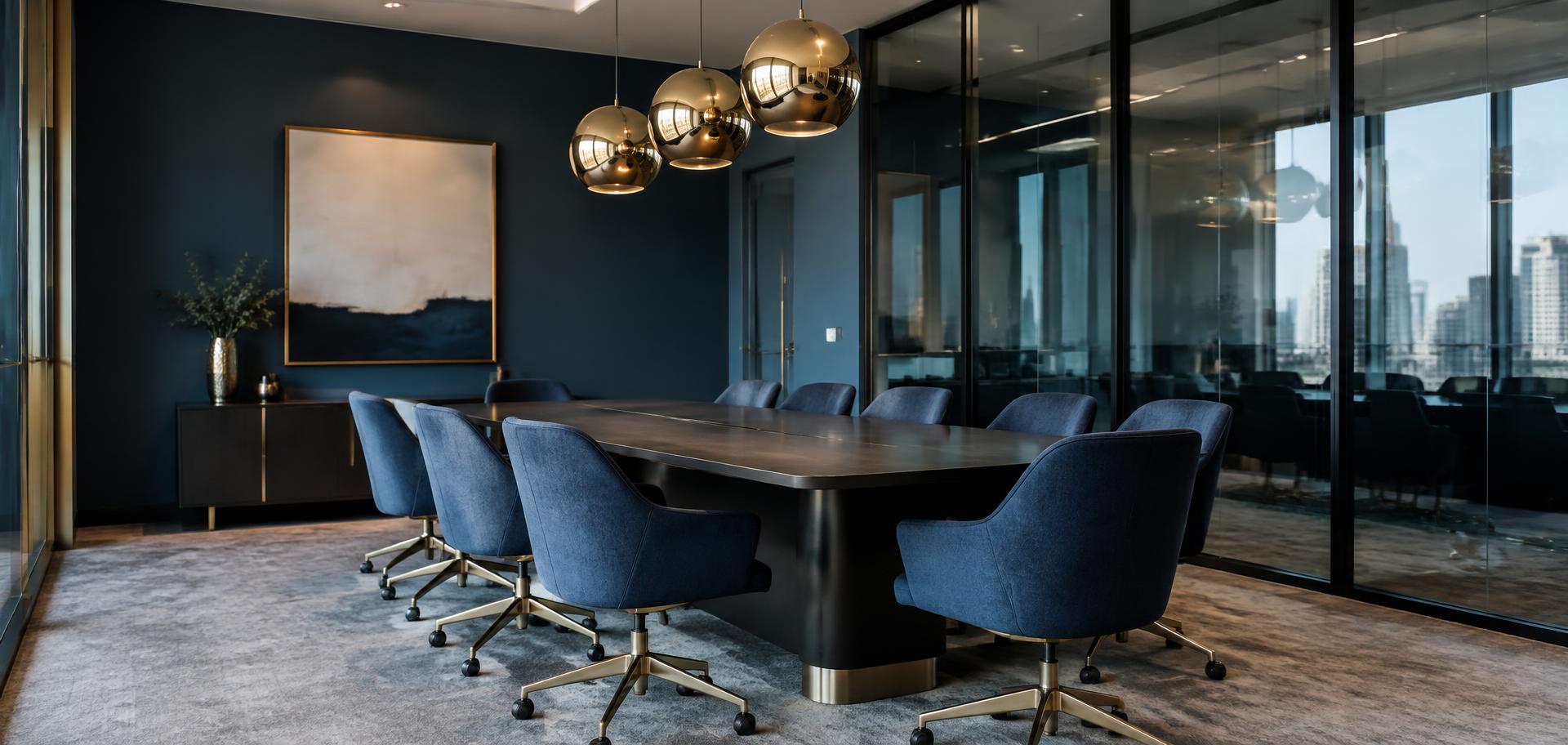 Modern navy and gold corporate boardroom